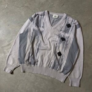 Vintage Gabicci V-Neck Sweater Mens M Grey Abstract Knit Grandpacore Italy 90s